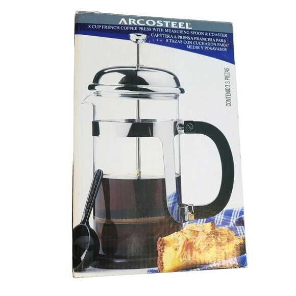 Arcosteel Coffee French Press Glass and Silver 8 Cup with Coaster DH638 - Picture 1 of 9